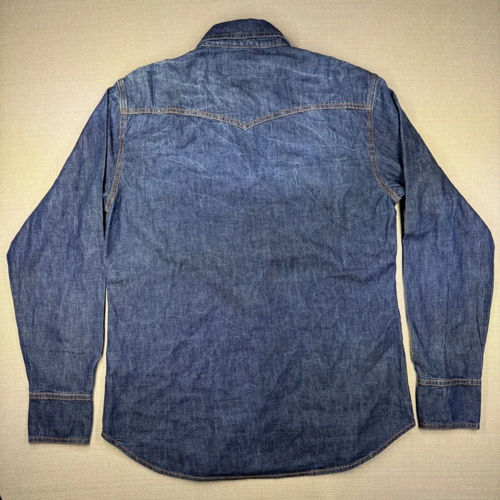 True Religion Mens LS Western Denim Button Down Shirt Blue Red Trim Large